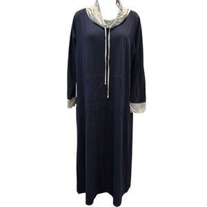 Ekouaer Nightgown Dress Large Navy Gray Long Sleeve‎ Cowl Neck Lounge Pajama